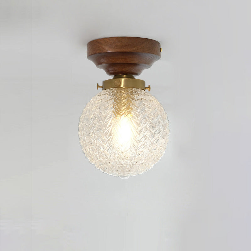 Plafonnier semi-encastré à 1 lumière en bois et verre avec feuille orbe traditionnelle française pour salon 