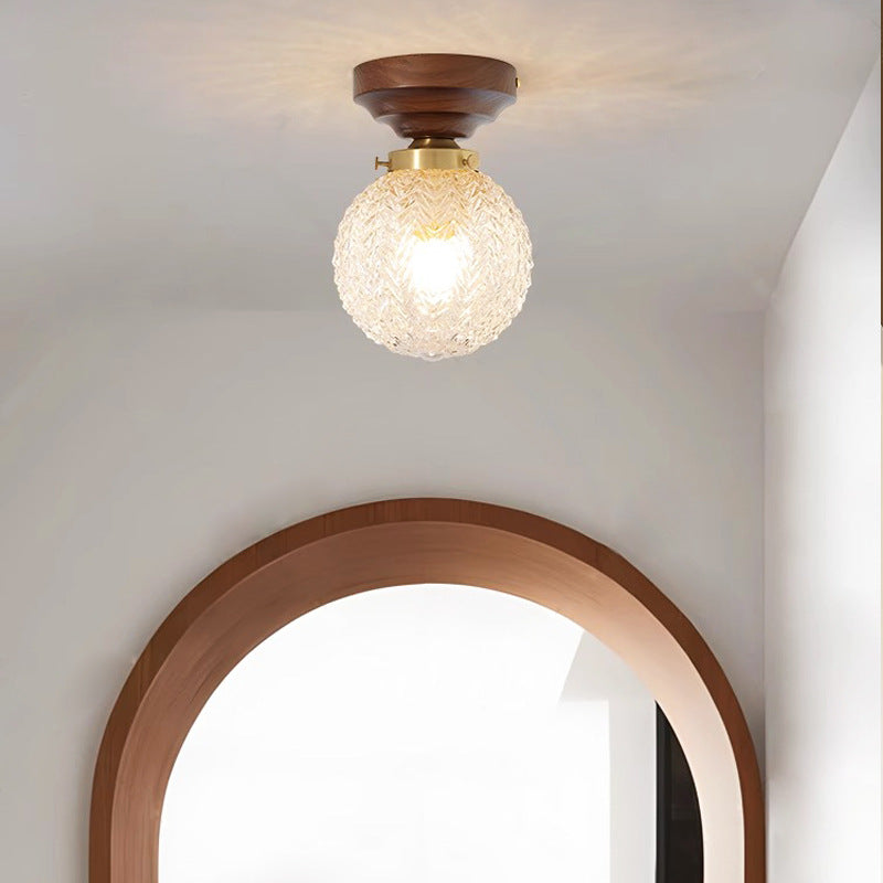 Plafonnier semi-encastré à 1 lumière en bois et verre avec feuille orbe traditionnelle française pour salon 