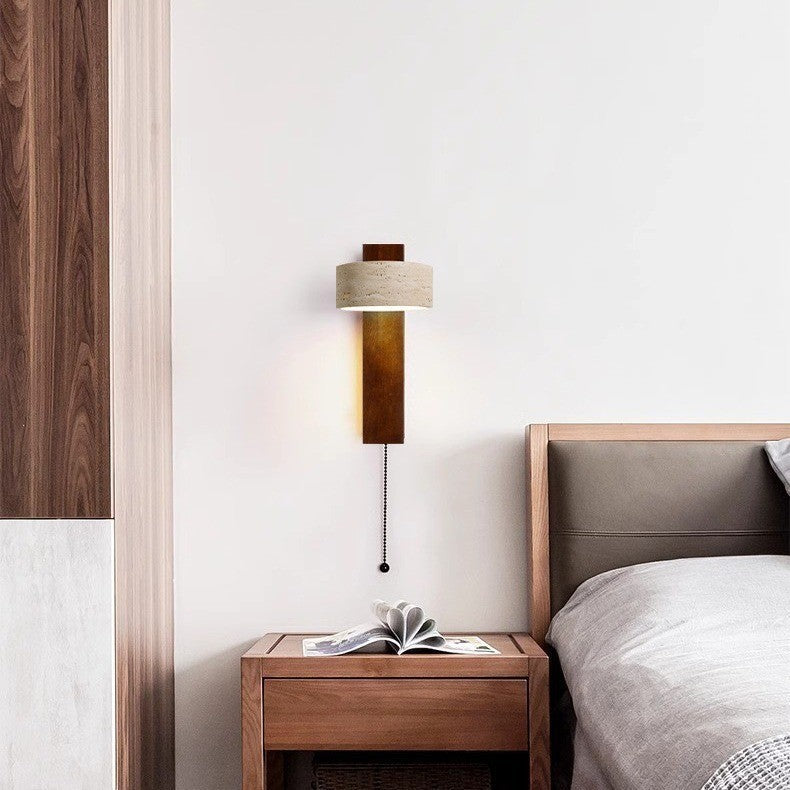 Traditionelle japanische rechteckige runde gelbe Travertin-Massivholz-Wandleuchte mit 1 Licht für das Schlafzimmer 