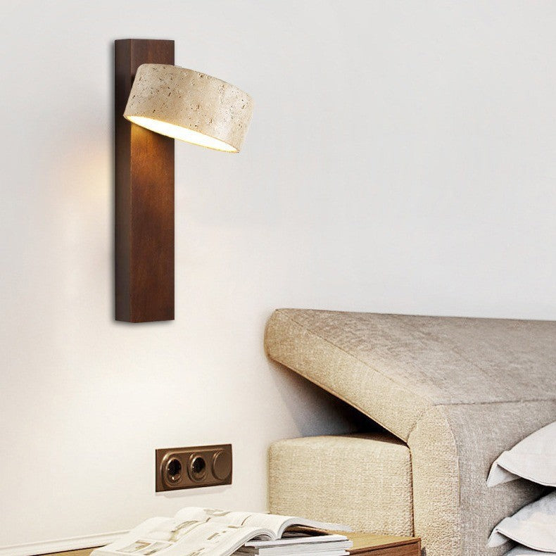 Traditionelle japanische rechteckige runde gelbe Travertin-Massivholz-Wandleuchte mit 1 Licht für das Schlafzimmer 