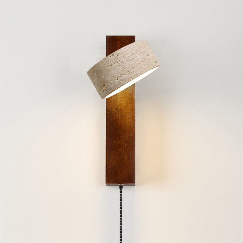 Traditionelle japanische rechteckige runde gelbe Travertin-Massivholz-Wandleuchte mit 1 Licht für das Schlafzimmer 