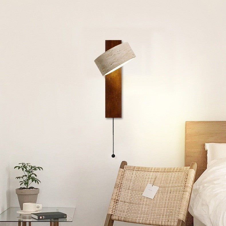 Traditionelle japanische rechteckige runde gelbe Travertin-Massivholz-Wandleuchte mit 1 Licht für das Schlafzimmer 