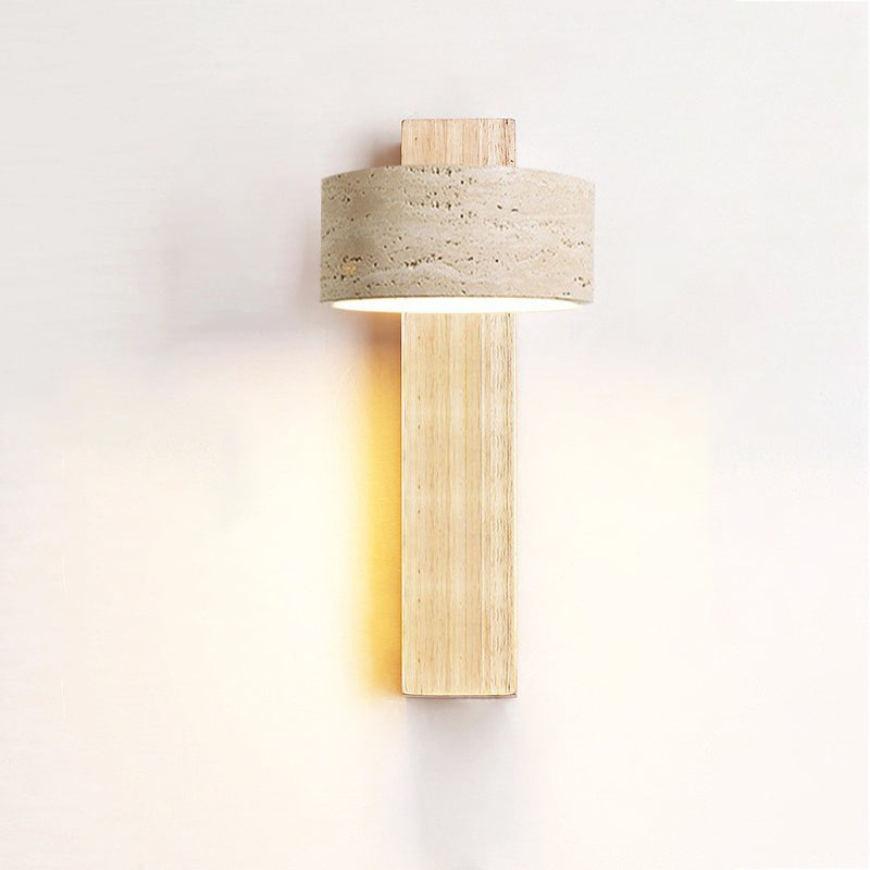Traditionelle japanische rechteckige runde gelbe Travertin-Massivholz-Wandleuchte mit 1 Licht für das Schlafzimmer 