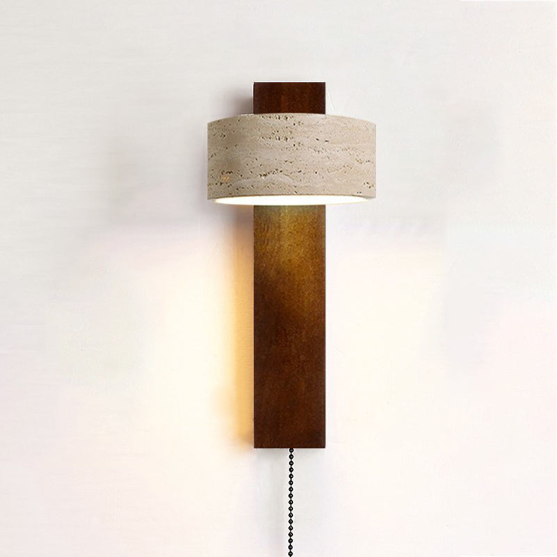 Traditionelle japanische rechteckige runde gelbe Travertin-Massivholz-Wandleuchte mit 1 Licht für das Schlafzimmer 