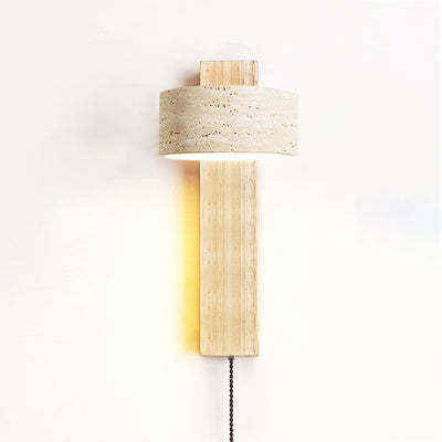 Traditionelle japanische rechteckige runde gelbe Travertin-Massivholz-Wandleuchte mit 1 Licht für das Schlafzimmer 