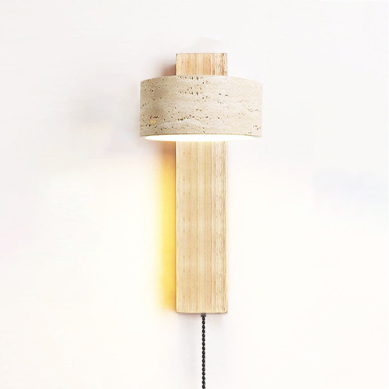 Traditionelle japanische rechteckige runde gelbe Travertin-Massivholz-Wandleuchte mit 1 Licht für das Schlafzimmer 