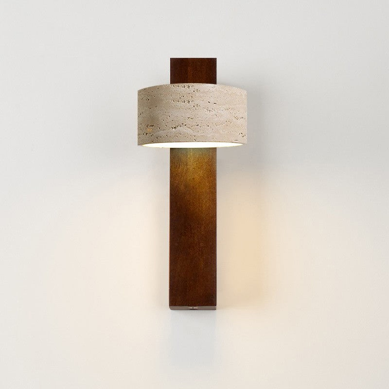 Traditionelle japanische rechteckige runde gelbe Travertin-Massivholz-Wandleuchte mit 1 Licht für das Schlafzimmer 