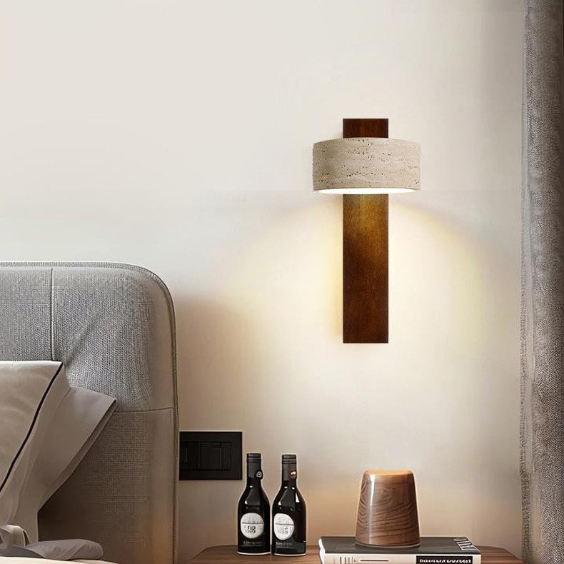 Traditionelle japanische rechteckige runde gelbe Travertin-Massivholz-Wandleuchte mit 1 Licht für das Schlafzimmer 