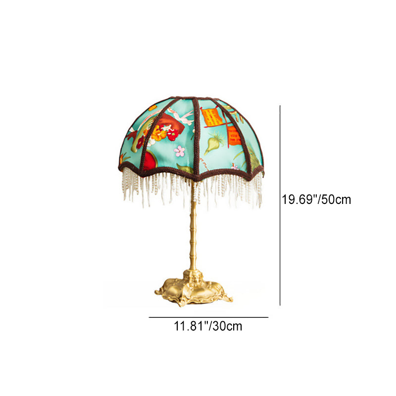 Lampe de table traditionnelle vintage en forme de dôme avec demi-perle ronde et pampille en tissu de cuivre plein à 1 lumière pour chambre à coucher 