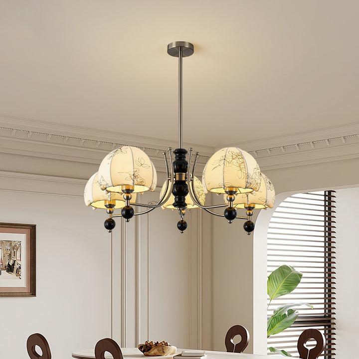 Rama de estilo francés tradicional con varilla curva, cúpula de goma, madera, marco de hierro, pantalla de tela, lámpara de araña de 3/5/6/8 luces para sala de estar 