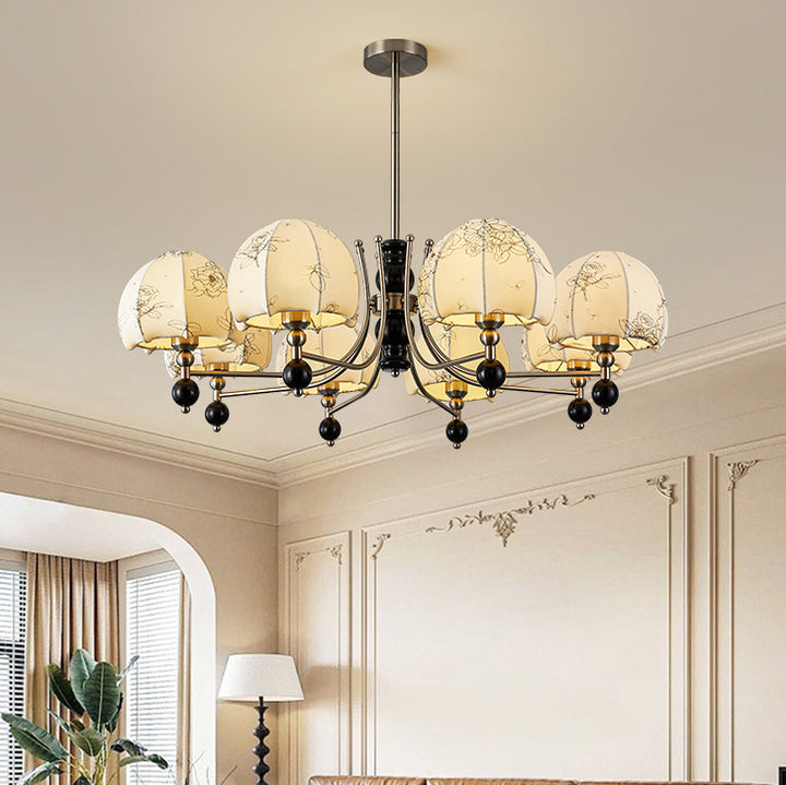 Rama de estilo francés tradicional con varilla curva, cúpula de goma, madera, marco de hierro, pantalla de tela, lámpara de araña de 3/5/6/8 luces para sala de estar 