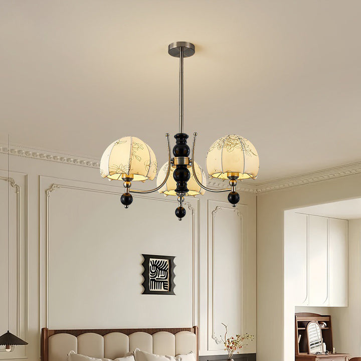Rama de estilo francés tradicional con varilla curva, cúpula de goma, madera, marco de hierro, pantalla de tela, lámpara de araña de 3/5/6/8 luces para sala de estar 