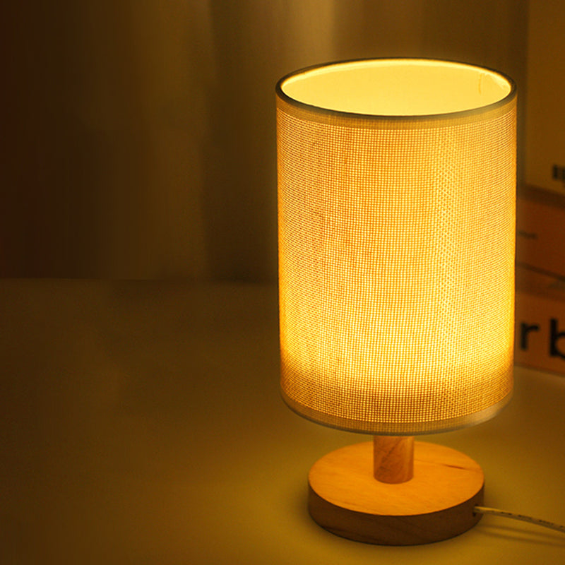 Moderne Art Deco Zylindrische Holzsockel Stoffschirm LED Tischlampe für Schlafzimmer 