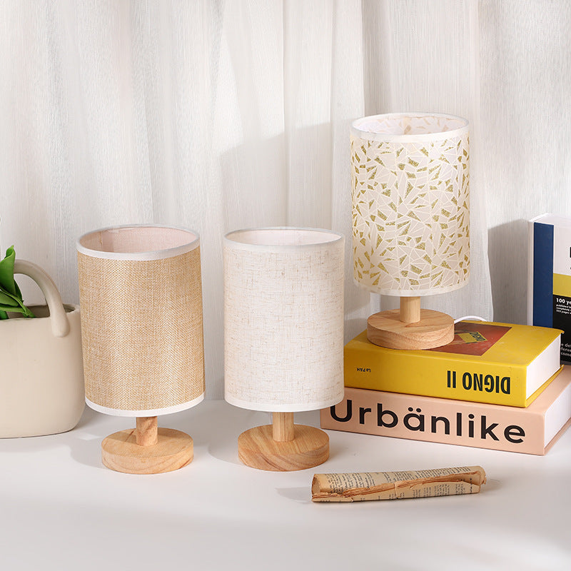 Moderne Art Deco Zylindrische Holzsockel Stoffschirm LED Tischlampe für Schlafzimmer 