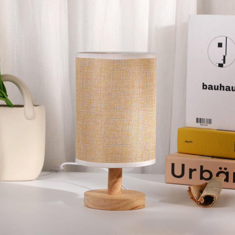 Moderne Art Deco Zylindrische Holzsockel Stoffschirm LED Tischlampe für Schlafzimmer 