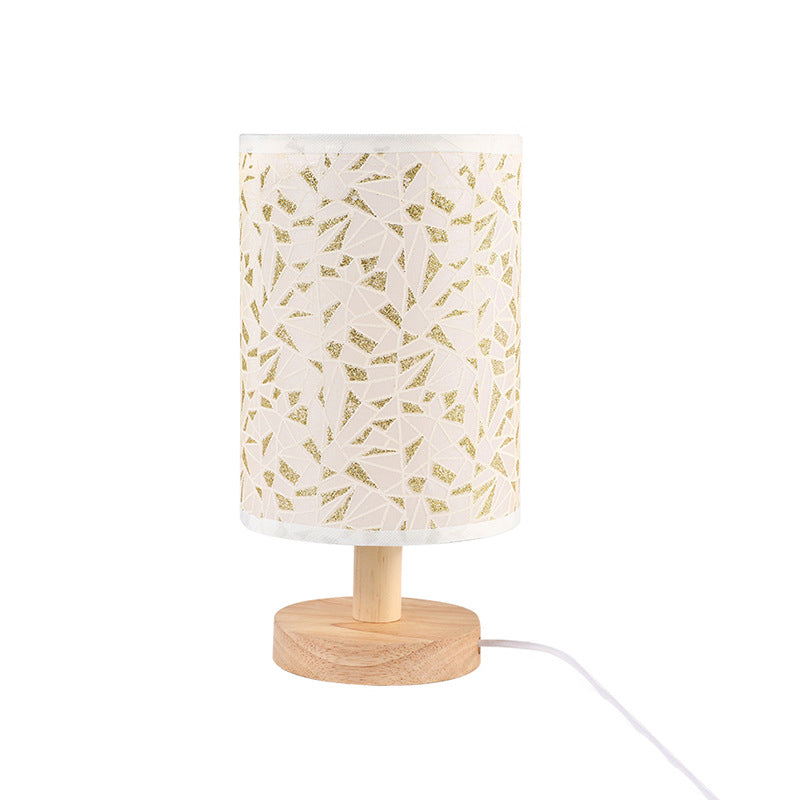 Moderne Art Deco Zylindrische Holzsockel Stoffschirm LED Tischlampe für Schlafzimmer 