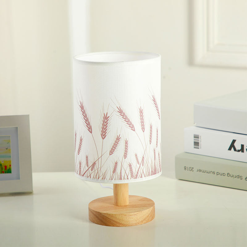 Moderne Art Deco Zylindrische Holzsockel Stoffschirm LED Tischlampe für Schlafzimmer 