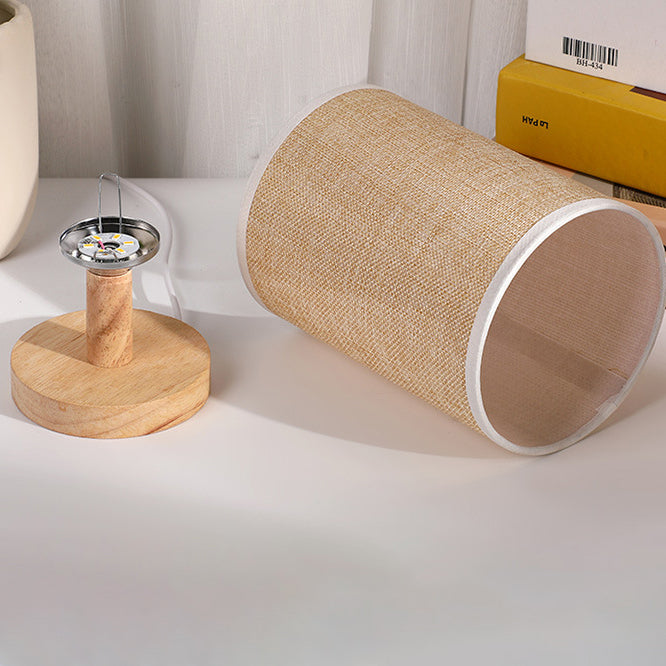 Moderne Art Deco Zylindrische Holzsockel Stoffschirm LED Tischlampe für Schlafzimmer 