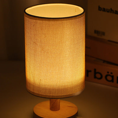 Moderne Art Deco Zylindrische Holzsockel Stoffschirm LED Tischlampe für Schlafzimmer 