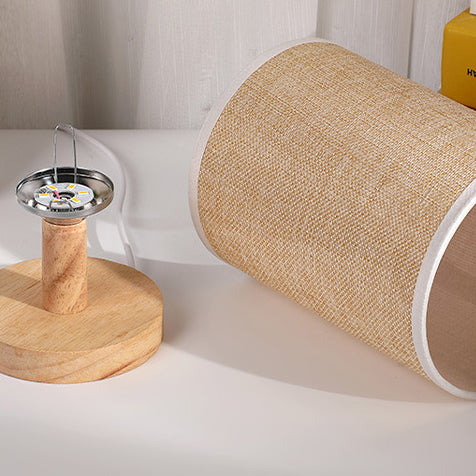Moderne Art Deco Zylindrische Holzsockel Stoffschirm LED Tischlampe für Schlafzimmer 