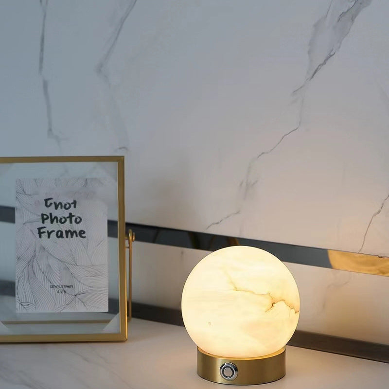 Traditionelle Chinesische Quadrat-Globus-Naturmarmor-LED-Tischlampe für Wohnzimmer 