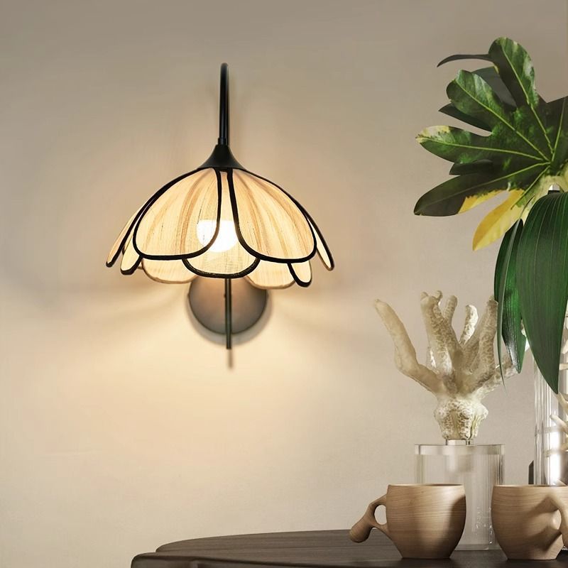 Contemporary Retro Dome Petal Fiber Woven 1-Light Wall Sconce Lamp For Living Room