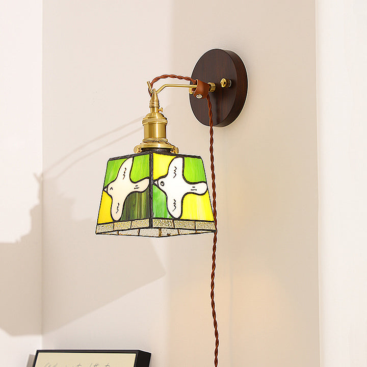 Traditional Tiffany Peace Dove Square Stained Glass Copper Wood 1-Light Wall Sconce Lamp For Living Room