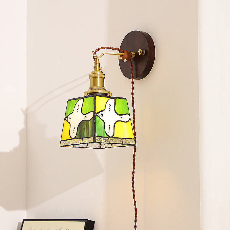 Traditional Tiffany Peace Dove Square Stained Glass Copper Wood 1-Light Wall Sconce Lamp For Living Room