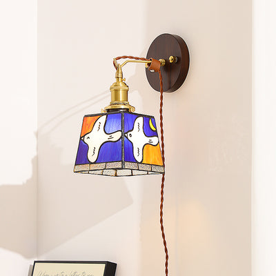 Traditional Tiffany Peace Dove Square Stained Glass Copper Wood 1-Light Wall Sconce Lamp For Living Room