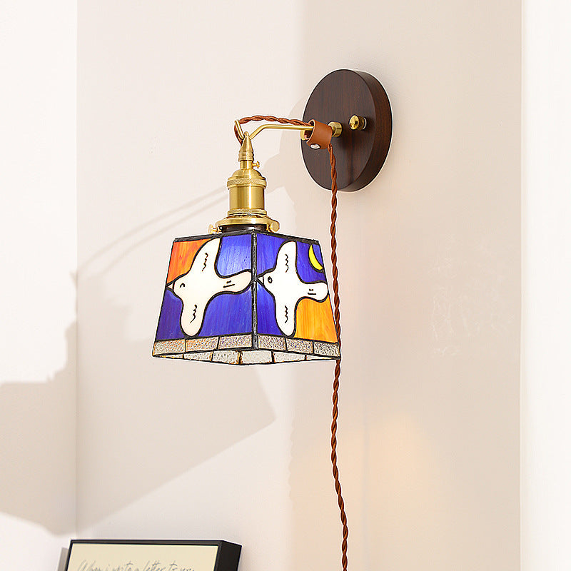 Traditional Tiffany Peace Dove Square Stained Glass Copper Wood 1-Light Wall Sconce Lamp For Living Room