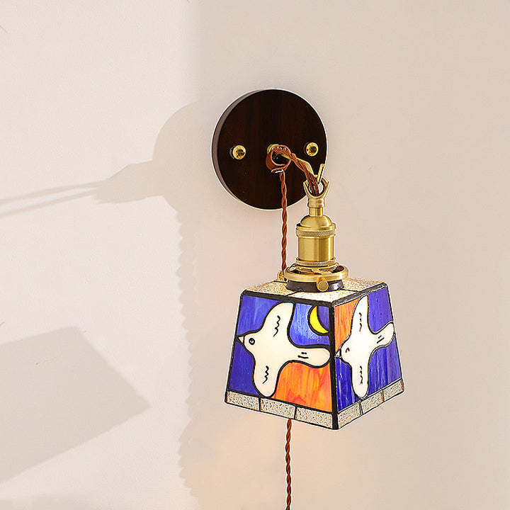 Traditional Tiffany Peace Dove Square Stained Glass Copper Wood 1-Light Wall Sconce Lamp For Living Room