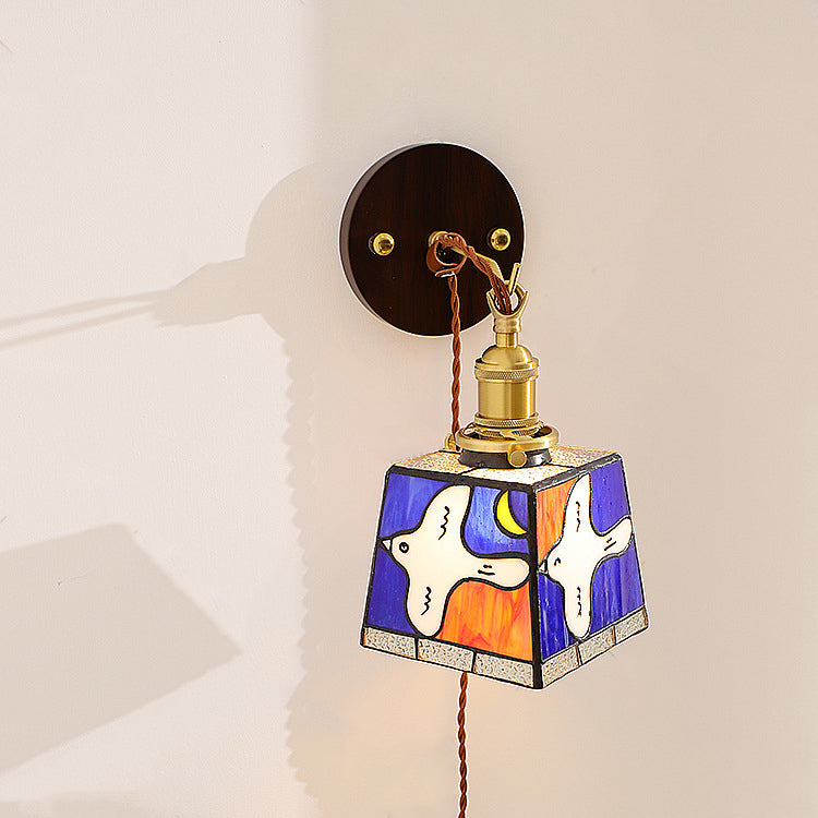 Traditional Tiffany Peace Dove Square Stained Glass Copper Wood 1-Light Wall Sconce Lamp For Living Room