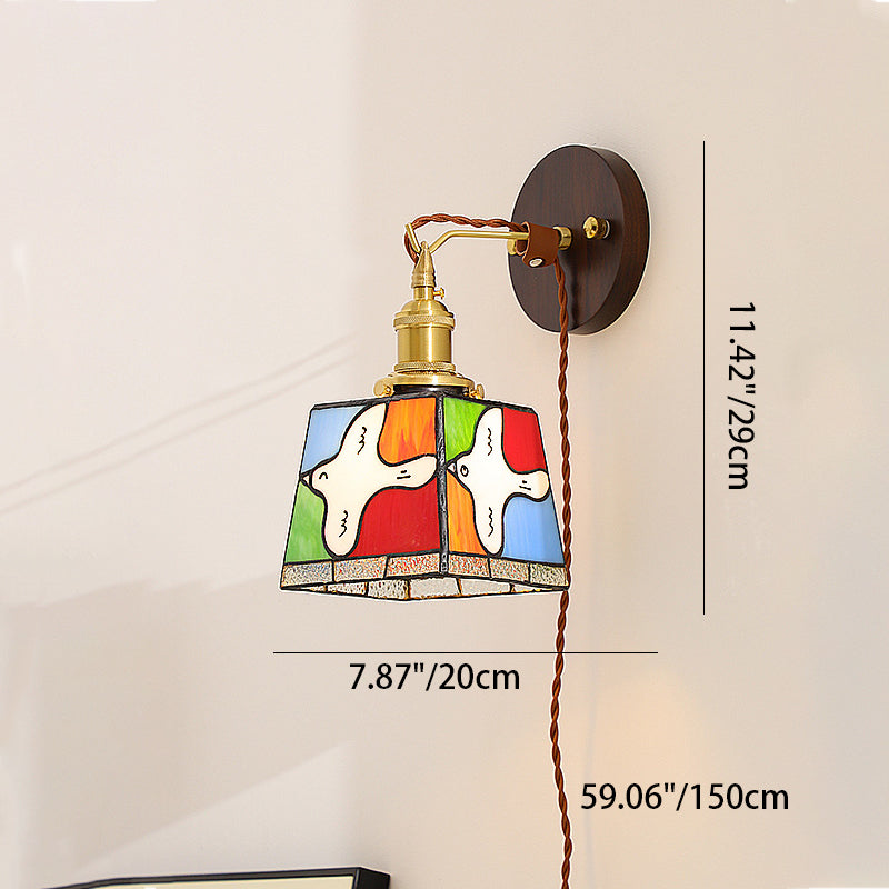 Traditional Tiffany Peace Dove Square Stained Glass Copper Wood 1-Light Wall Sconce Lamp For Living Room