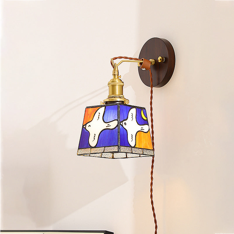 Traditional Tiffany Peace Dove Square Stained Glass Copper Wood 1-Light Wall Sconce Lamp For Living Room