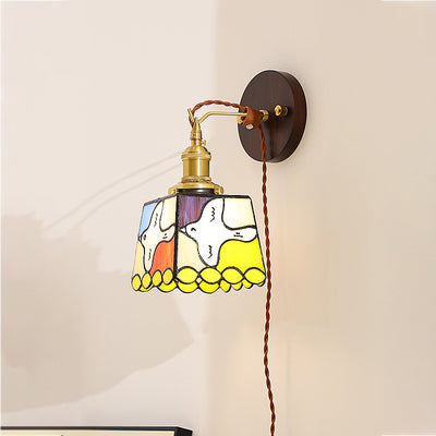 Traditional Tiffany Peace Dove Square Stained Glass Copper Wood 1-Light Wall Sconce Lamp For Living Room