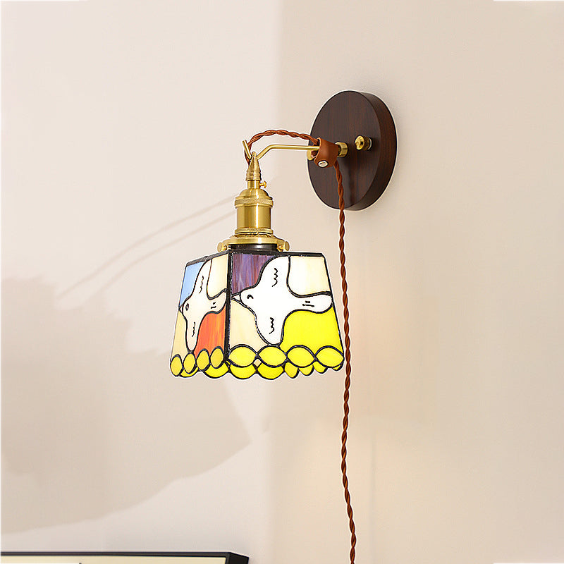 Traditional Tiffany Peace Dove Square Stained Glass Copper Wood 1-Light Wall Sconce Lamp For Living Room