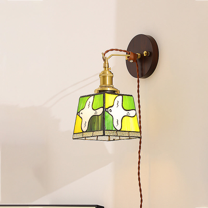 Traditional Tiffany Peace Dove Square Stained Glass Copper Wood 1-Light Wall Sconce Lamp For Living Room