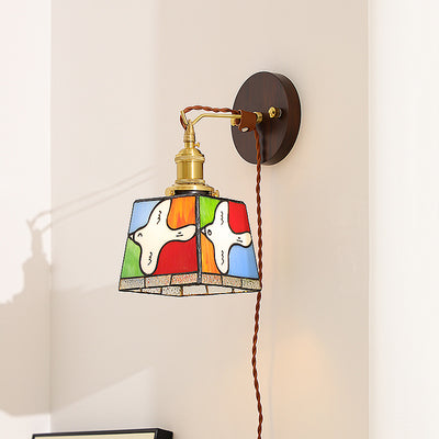 Traditional Tiffany Peace Dove Square Stained Glass Copper Wood 1-Light Wall Sconce Lamp For Living Room