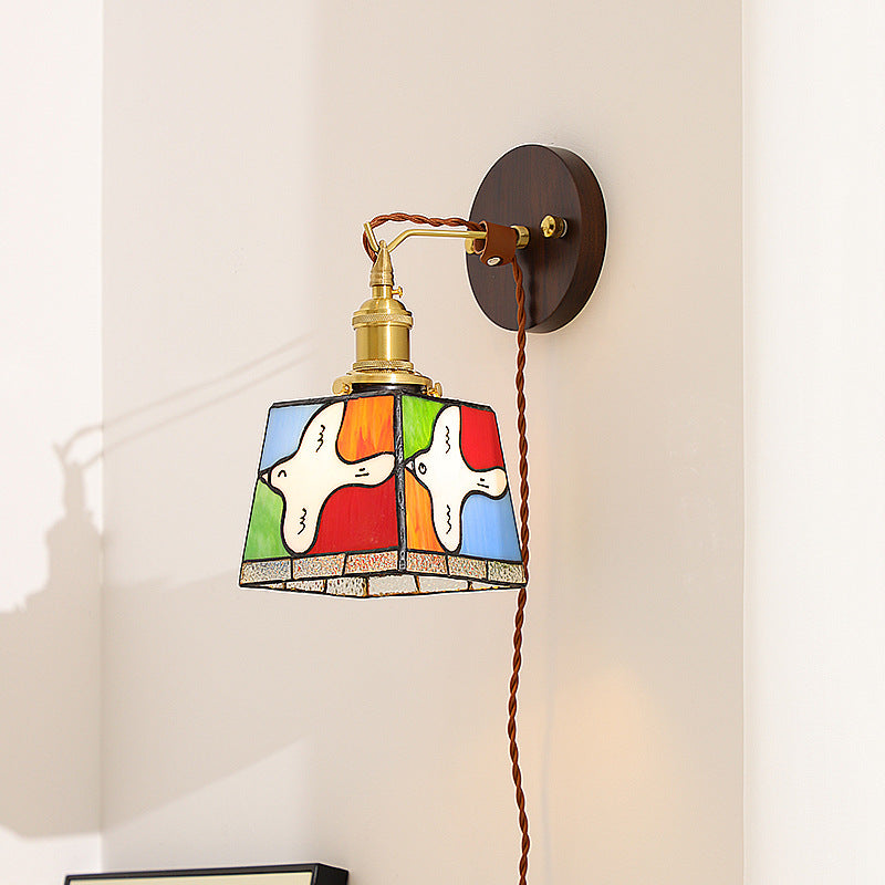 Traditional Tiffany Peace Dove Square Stained Glass Copper Wood 1-Light Wall Sconce Lamp For Living Room
