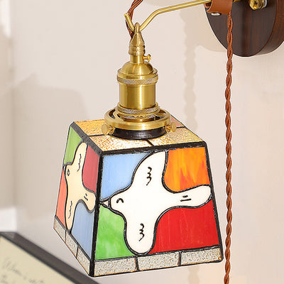 Traditional Tiffany Peace Dove Square Stained Glass Copper Wood 1-Light Wall Sconce Lamp For Living Room