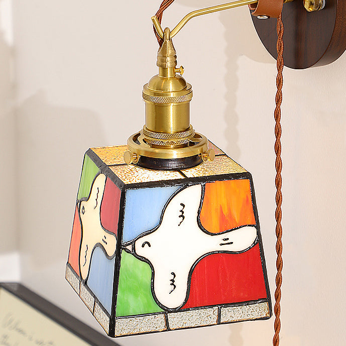 Traditional Tiffany Peace Dove Square Stained Glass Copper Wood 1-Light Wall Sconce Lamp For Living Room