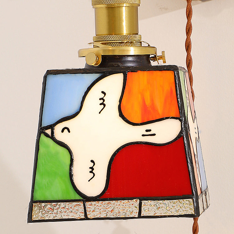 Traditional Tiffany Peace Dove Square Stained Glass Copper Wood 1-Light Wall Sconce Lamp For Living Room