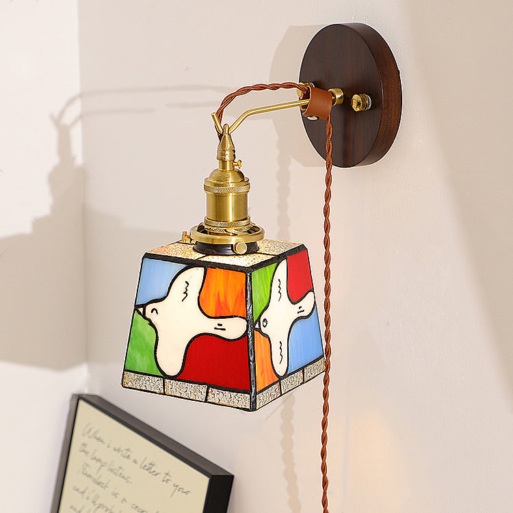 Traditional Tiffany Peace Dove Square Stained Glass Copper Wood 1-Light Wall Sconce Lamp For Living Room