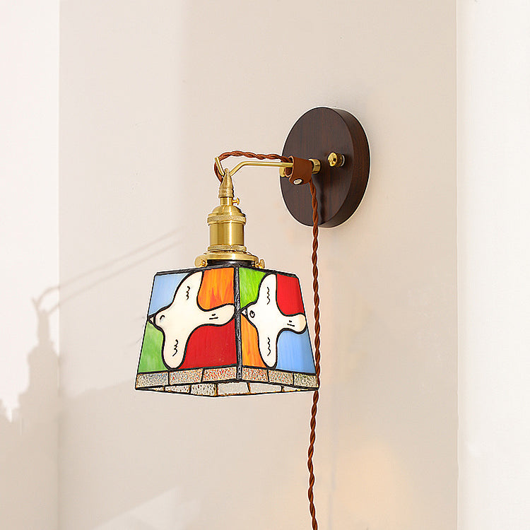 Traditional Tiffany Peace Dove Square Stained Glass Copper Wood 1-Light Wall Sconce Lamp For Living Room