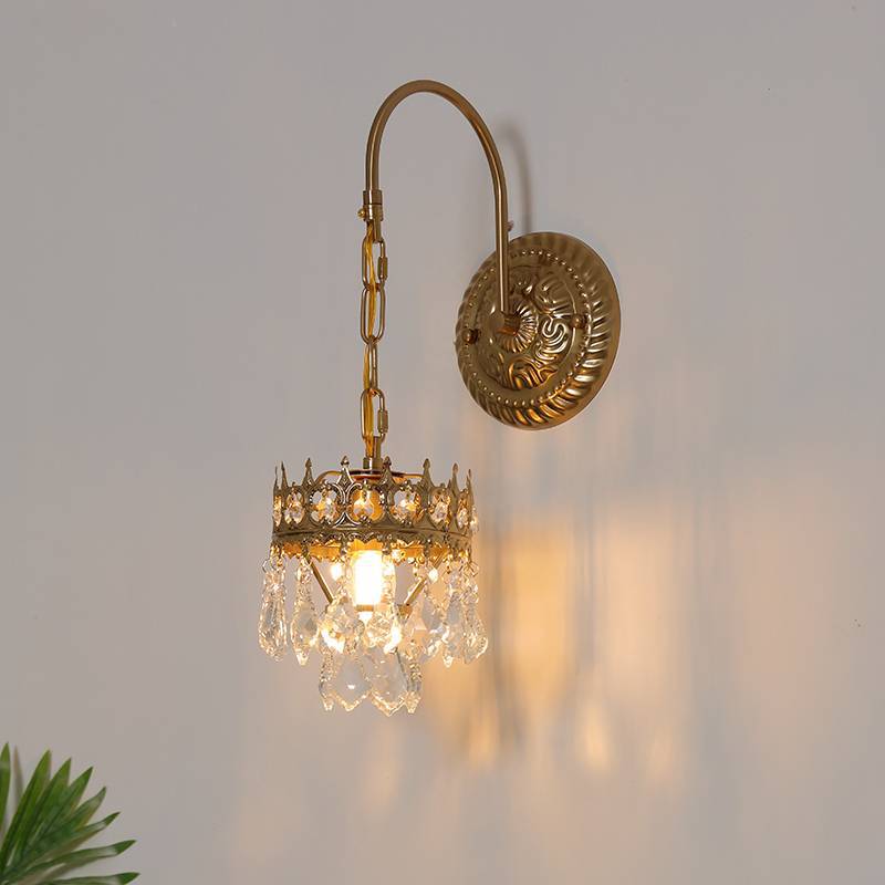 Applique Murale Traditionnelle Française en Fer avec Cristal Rond et Tige Courbée 1 Lumière Pour Chambre 