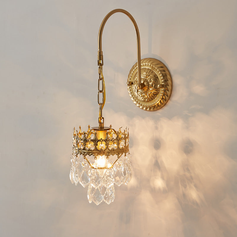 Applique Murale Traditionnelle Française en Fer avec Cristal Rond et Tige Courbée 1 Lumière Pour Chambre 