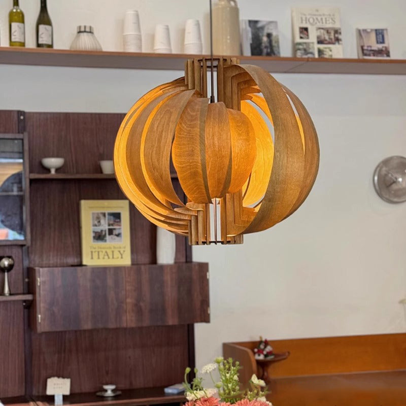 Traditionelle Vintage-Globus-Mondform Holz 1-Licht Pendelleuchte für Wohnzimmer 