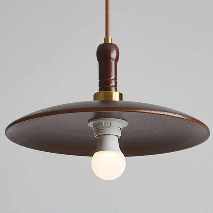 Traditional Vintage Round Disc Iron Wood Shade 1-Light Pendant Light For Living Room
