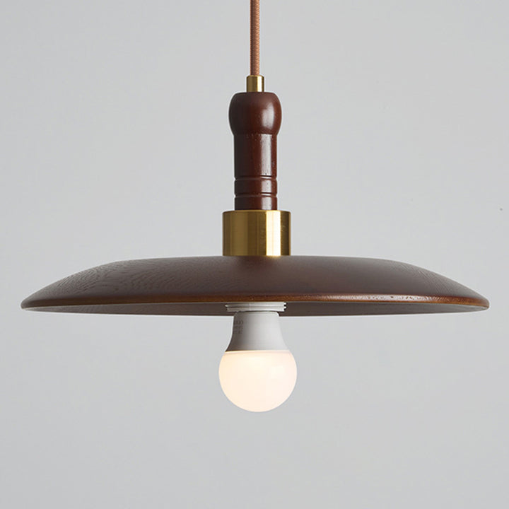 Traditional Vintage Round Disc Iron Wood Shade 1-Light Pendant Light For Living Room