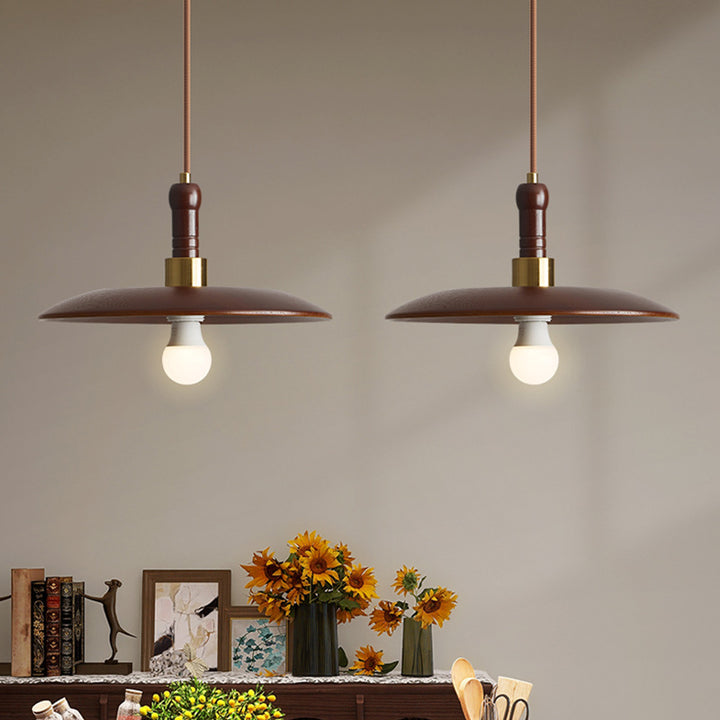 Traditional Vintage Round Disc Iron Wood Shade 1-Light Pendant Light For Living Room